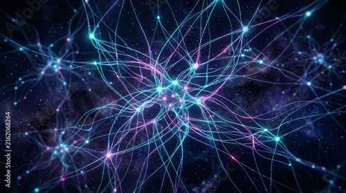 Abstract visualization of digital neural networks showing interconnected glowing nodes and data transmission streams in a deep space background