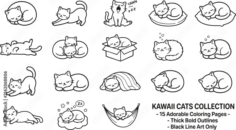 Fototapeta premium Cute kawaii cats in different poses for coloring book pages with bold outlines