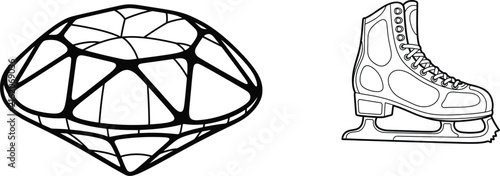 A black and white line art illustration featuring a faceted diamond gemstone and a classic ice skate