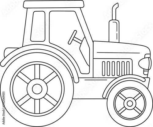 Simple black and white line art illustration of a farm tractor for children coloring book page