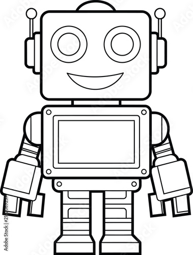 A simple black and white line drawing of a cute friendly robot for children to color