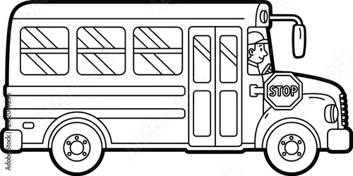 Black and white line art illustration of a school bus for children to color in