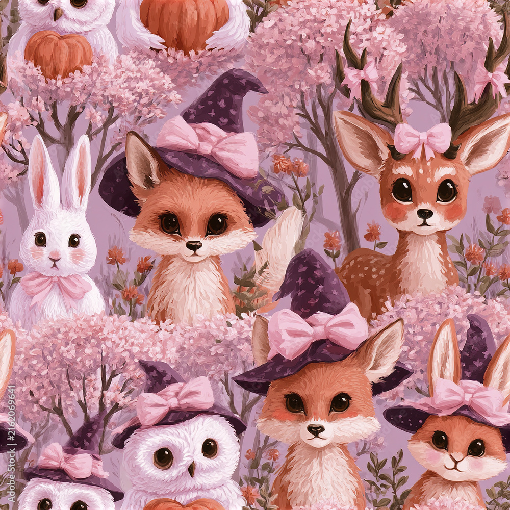 Naklejka premium Cute fox rabbit deer owl pattern with pink flowers and pumpkins, whimsical forest animals wearing witch hats and bows
