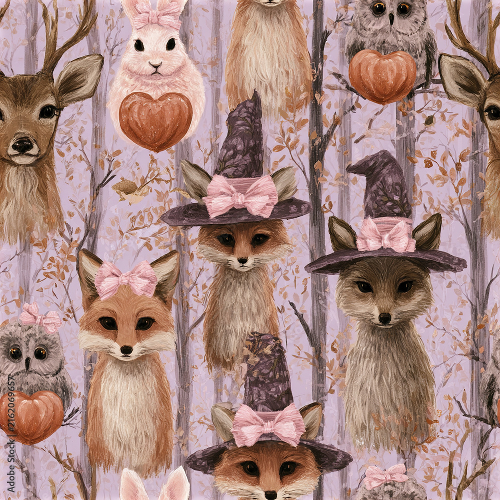 Naklejka premium Cute fox owl deer and rabbit with pink bow and witch hat in autumn forest pattern with heart pumpkin