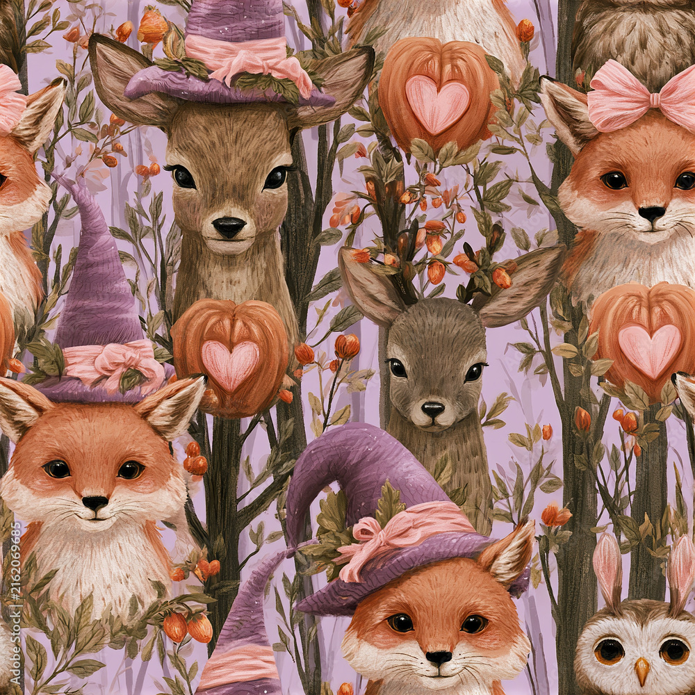 Naklejka premium Cute fox and deer pattern with purple witch hats and heart pumpkins in whimsical forest setting