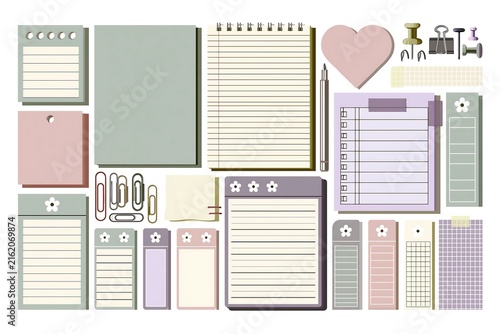 Stationery flat lay with notebooks, sticky notes, and office supplies on white background