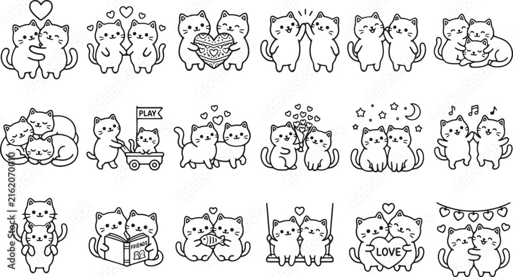 Obraz premium Cute cartoon cats playing and showing different emotions and activities in fun poses