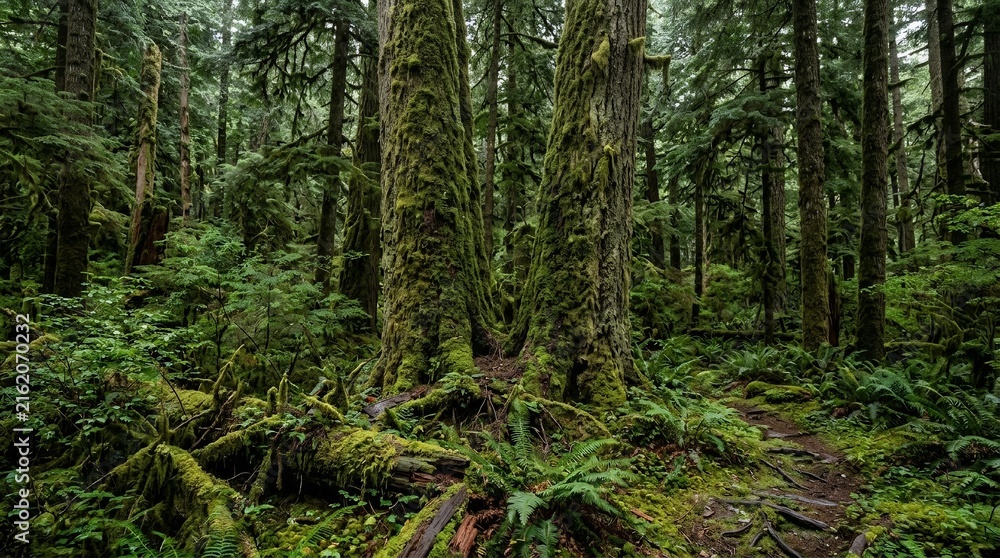 Fototapeta premium Lush Ancient Temperate Rainforest with Moss Covered Trees Green Ferns and Natural Trail Through Dense Pristine Woods