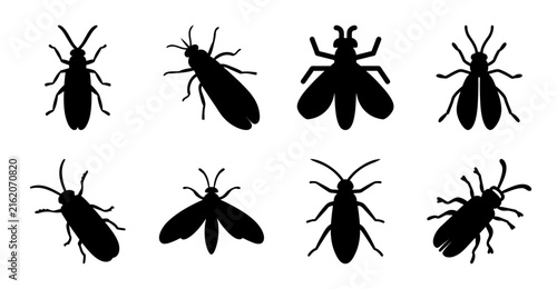 Black fly silhouette icons in a row - Set of nine black fly silhouettes arranged neatly for use as simple vector icons or graphics.