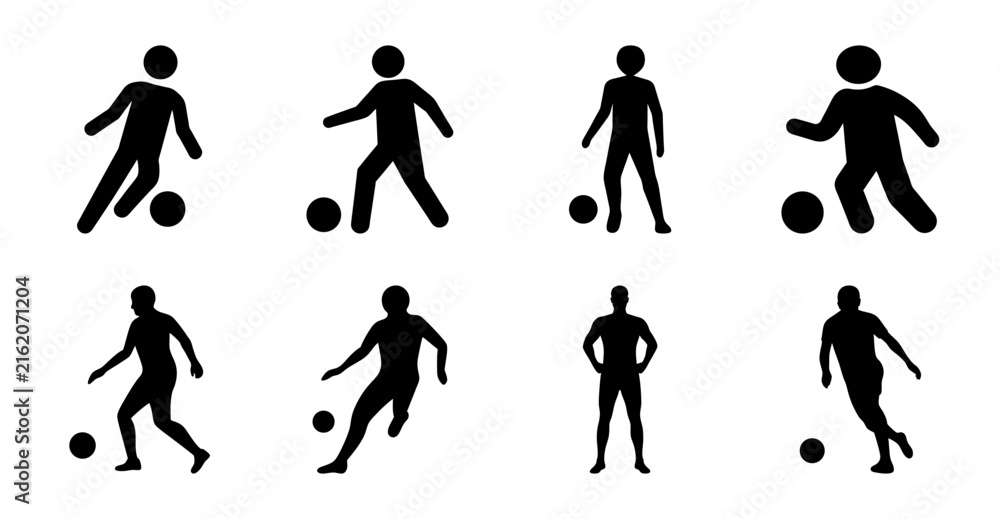 Obraz premium Black and white soccer players in action icons - Set of simple black and white vector icons showing soccer players in various action poses with a ball.