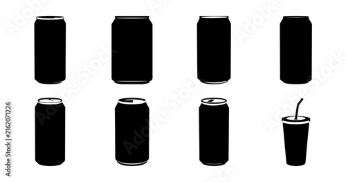 Black soda cans and paper cup collection - Minimalist line art illustration of black soda cans and a paper cup with a straw, perfect for food, beverage, or packaging design projects.