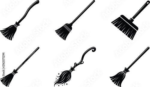 Bild auf Leinwand Witch broom and classic cleaning besom icon set vector with magic halloween swee