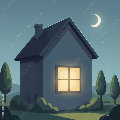 Cozy house at night illuminated by warm light under a crescent moon