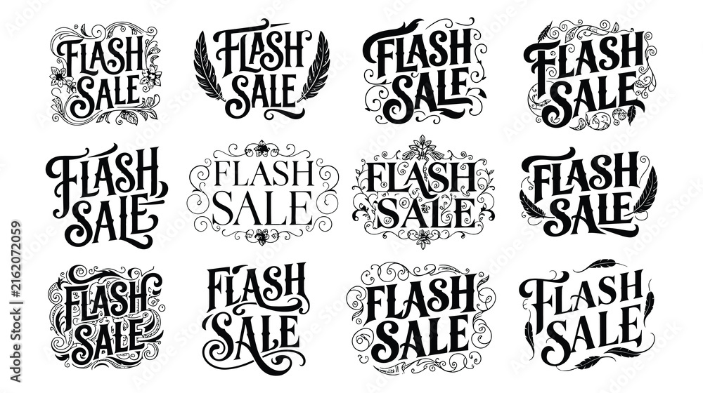 Obraz premium Set of flash sale badges with floral frames and feathers for promotional retail content.