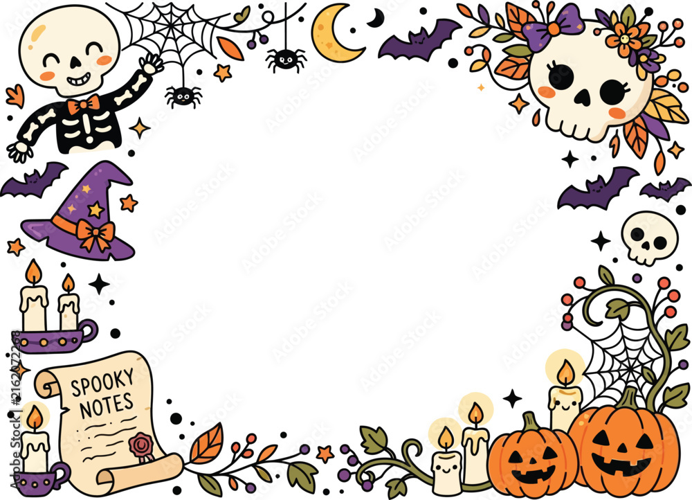 Naklejka premium Kawaii Halloween Border Frame with Cute Skeleton, Jack-O-Lantern Pumpkins, Witch Hat, and Floral Sugar Skull Illustration for Festive Spooky Invitations, Cards, and Kids Party Stationery