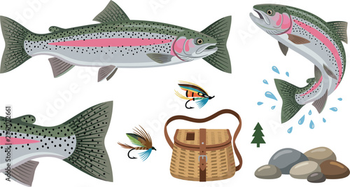 Canvastavla Rainbow Trout Fly Fishing Vector Illustration Set with Jumping Fish, Detailed Ta