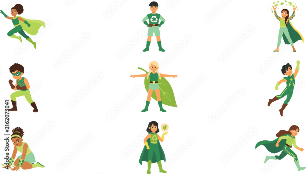 Fototapeta premium Eco Friendly Kids Superhero Character Set with Green Costumes and Recycling Symbols for Environmental Awareness and Educational Graphic Designs