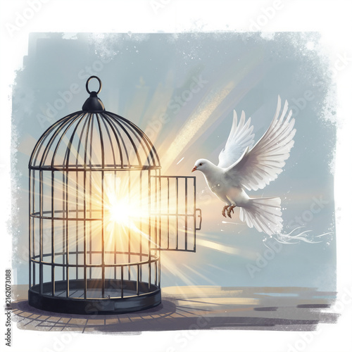 Caged bird flying free with sunlight background