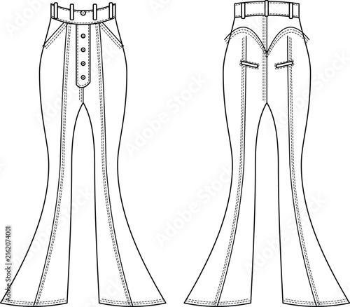 Women's High Waist Flared Pants Technical Line Drawing Front and Back View Template