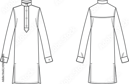 Women's Long Sleeve Tunic Dress Technical Fashion Flat Sketch Front and Back View