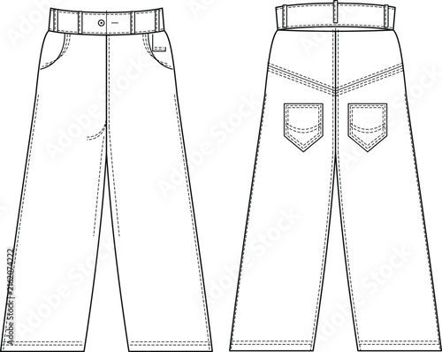 Women's Straight Leg Jeans Technical Line Drawing Front and Back View Template