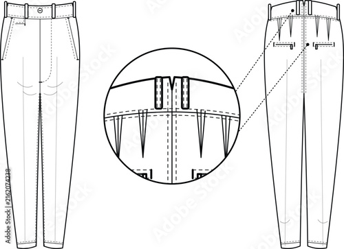 Women's Slim Fit Trousers Technical Fashion Flat Sketch Front and Back View