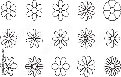 Floral Line Art Vector Set, Daisy Outline Icons and Simple Flower Clipart for Print and Web