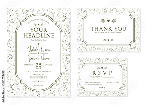 Delicate Greenery Botanical Wedding Invitation Suite Vector Template
