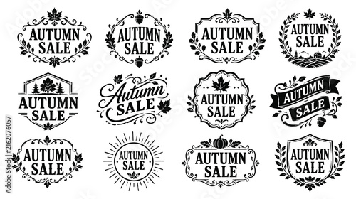 Autumn sale vintage badge collection with black ornate floral frames and seasonal icons.