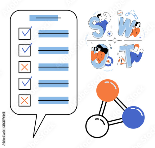 SWOT analysis checklist and network connection icons vector illustration. Business strategy, project management, team collaboration, data analysis, corporate planning, networking. Strategic planning