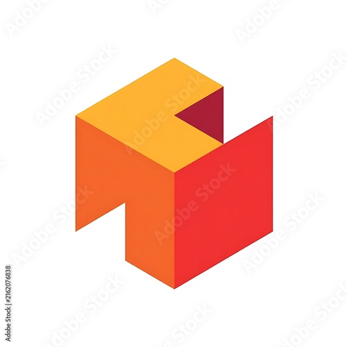 Abstract Isometric Cube Symbol in Orange Red and Yellow