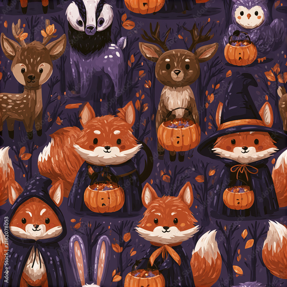 Naklejka premium Cute Halloween forest animals pattern with foxes, deer, badger, owl, and autumn leaves in dark purple background