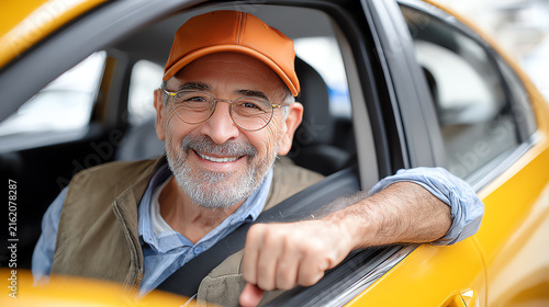 Cheerful elderly man in a taxi cab, smiling and engaging with passengers, symbolizing warmth and friendliness in urban life.