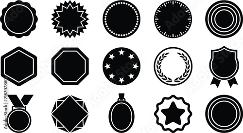 Collection of diverse geometric award emblems and seals in a clean vector illustration
