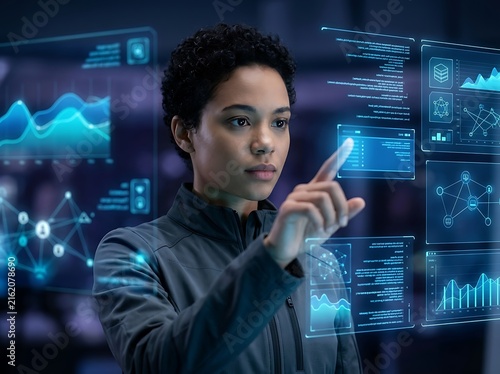 Woman touching digital data screen with blue light interface