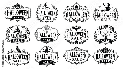 Halloween sale badges featuring spooky pumpkins ghosts bats and gothic vintage borders.