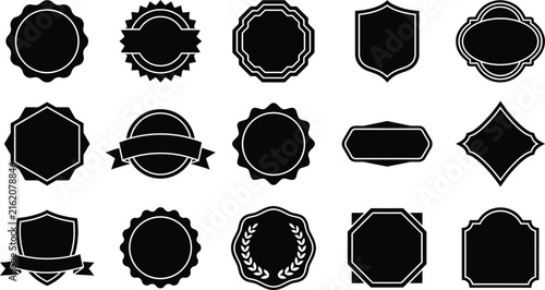 Collection of diverse ornate seal and badge shapes in silhouette for branding