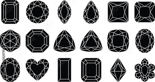 Gemstone Silhouettes in Vector Illustration with Geometric Facets and Diverse Cuts