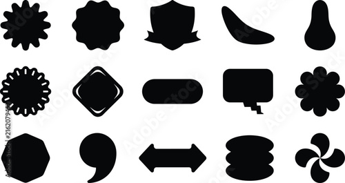 Collection of diverse black vector shapes and icons on white background for design