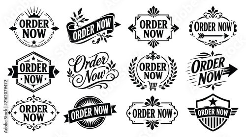 Order now vintage label collection with black ornate borders and arrows for marketing.