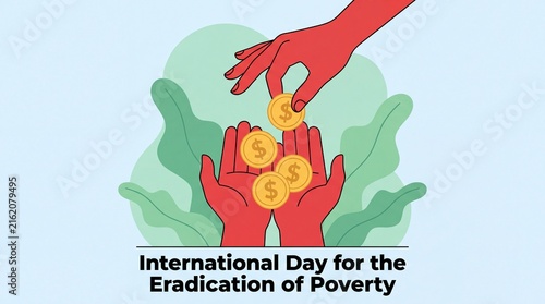 Hands donating gold coins to support international day for eradication of poverty with vibrant orange colors and flat vector design
