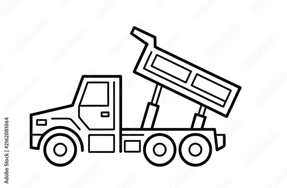 Naklejka premium Dump truck vector line illustration with tilted cargo bed, mechanical details, and hand drawn minimalist construction vehicle design.