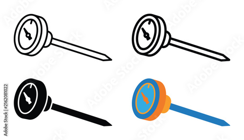 Meat thermometer for turkey vector icon for Thanksgiving cooking and food temperature control, combining a roast turkey with a kitchen thermometer in four professional styles.