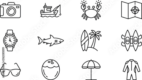 Canvas Print Ocean adventure and summer beach holiday linear icons set including camera boat