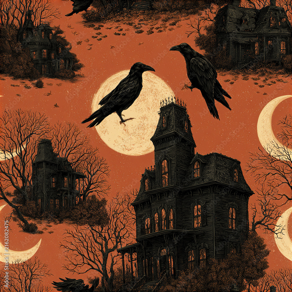 Fototapeta premium Dark Halloween seamless pattern with haunted house, black crow, full moon, and bare tree branches creating spooky atmosphere