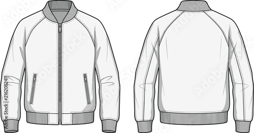 Cuadro en lienzo Bomber jacket fashion technical flat sketch, front and back view outerwear CAD v