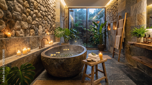 Luxurious natural stone spa bathroom with cozy candle lighting and rustic design