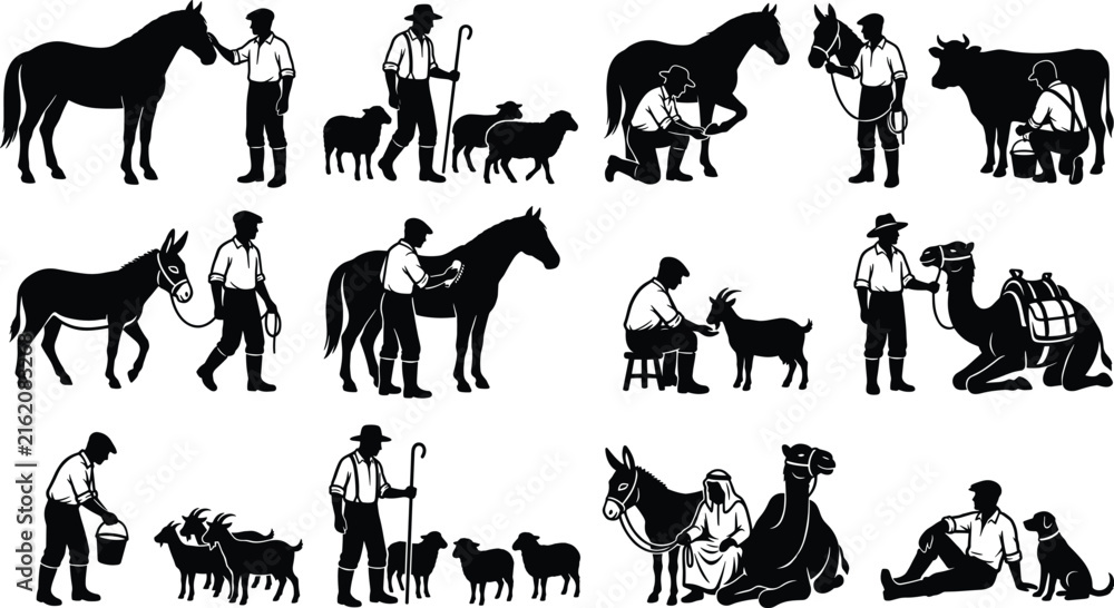Fototapeta premium Farmer and livestock silhouette set featuring horses, sheep, cows, goats, and camels