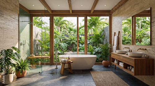 Luxurious tropical modern bathroom with freestanding bathtub and lush garden view