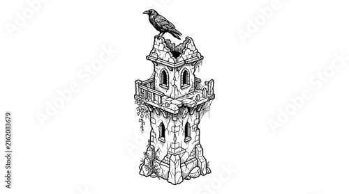 Bild auf Leinwand Hand drawn illustration of a gothic stone watchtower with a raven perched on top